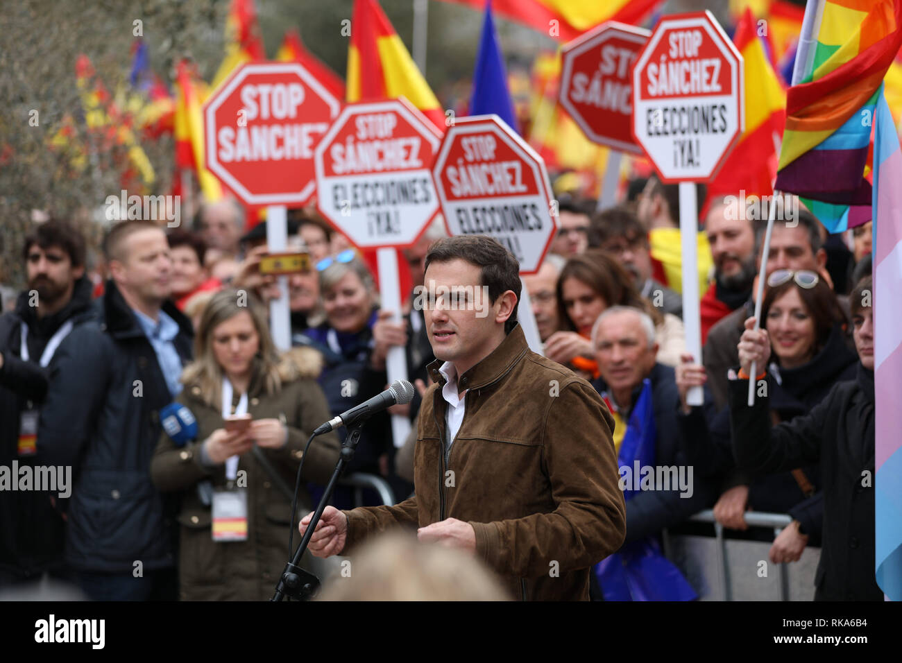 Madrid, Spain. 10th Feb 2019. Albert Rivera, president of party Ciudadanos (Cs) seen attendign the manifestation of this Sunday called by PP and Ciudadanos has been held in the Plaza de Colón in Madrid, where more than 20,000 people have attended. Credit: Jesús Hellin/Alamy Live News Stock Photo