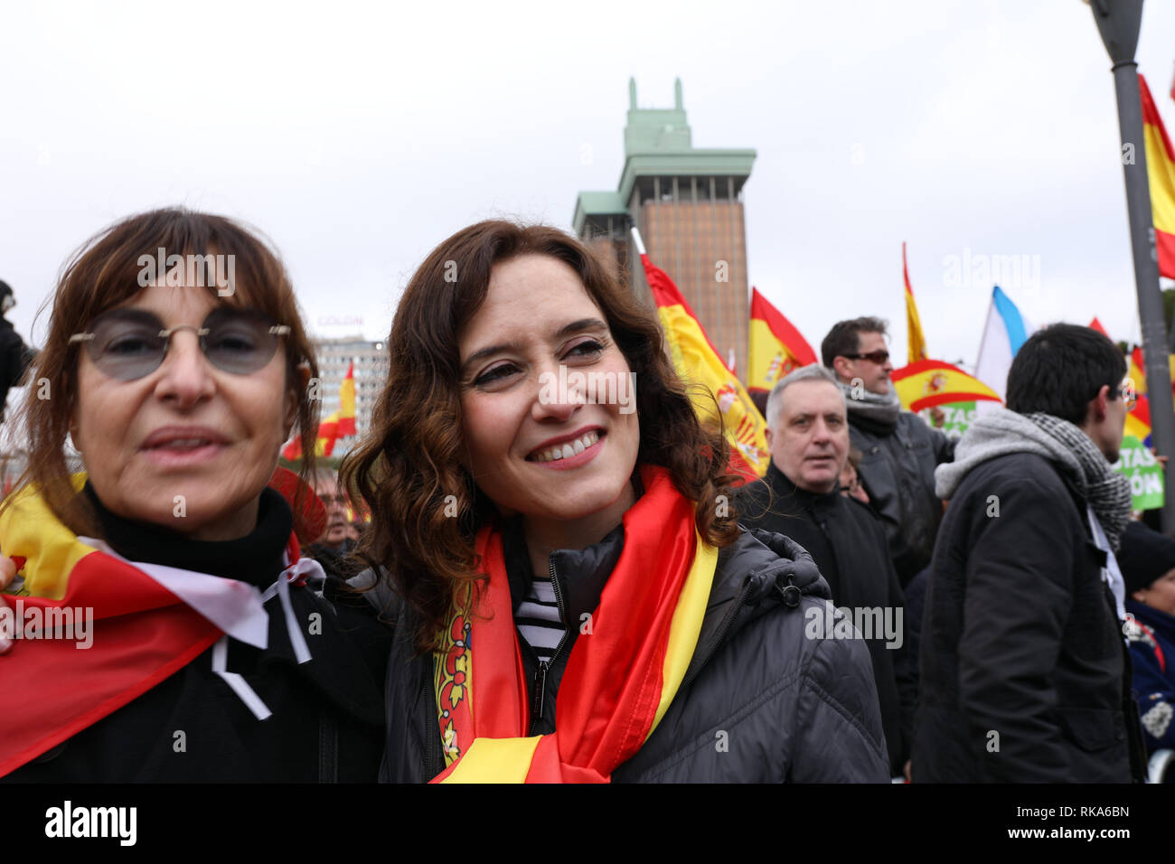 Madrid, Spain. 10th Feb 2019. Isabel Diaz-Ayuso(R), candidate of the president of Comunidad de Madrid seen attending the manifestation of this Sunday called by PP and Ciudadanos has been held in the Plaza de Colón in Madrid, where more than 20,000 people have attended. Credit: Jesús Hellin/Alamy Live News Stock Photo
