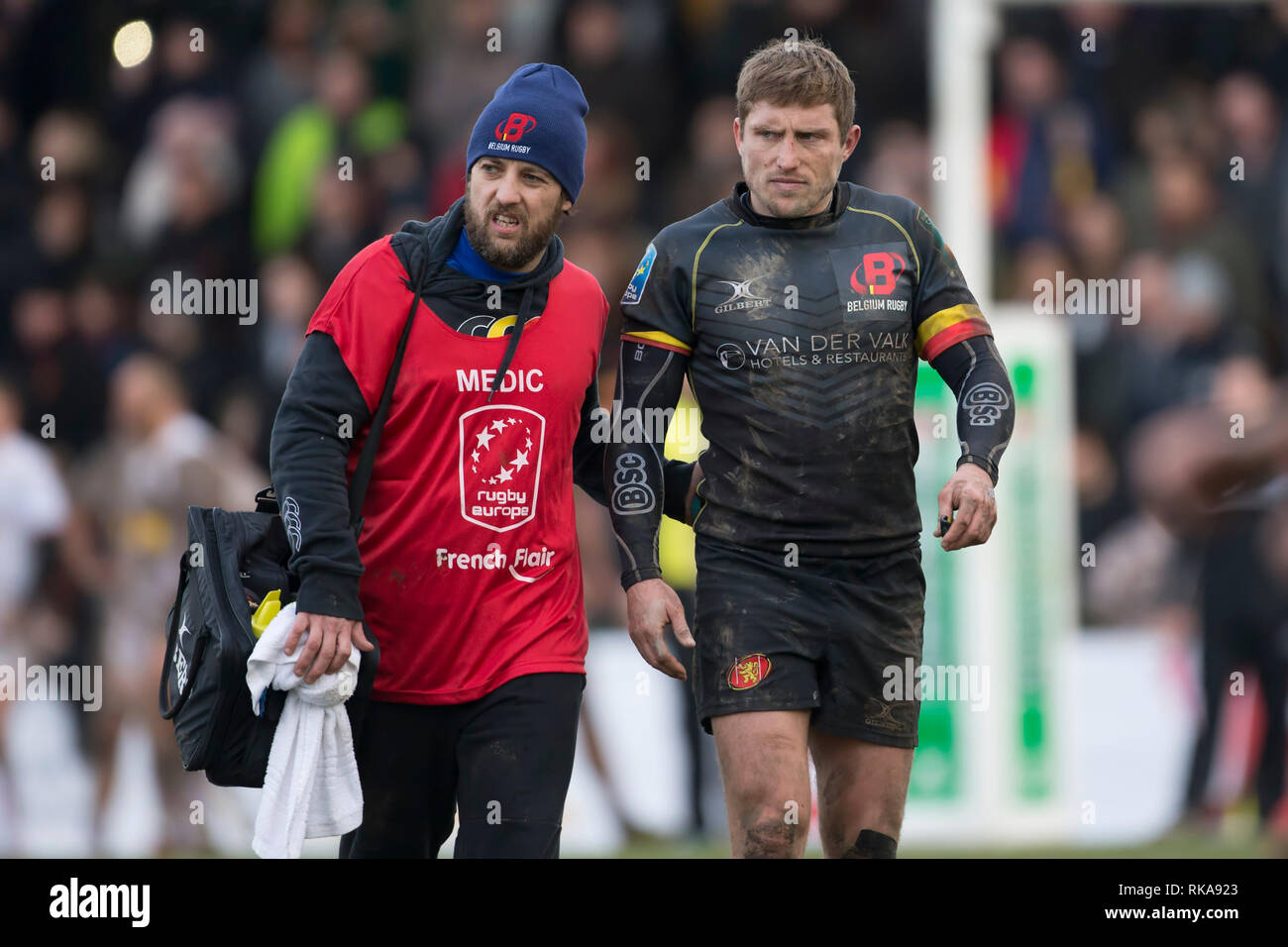 Brussels, Belgium. 09th Feb, 2019. Rugby: EM, Division 1A, Matchday 1: Belgium-Germany. Belgium's playmaker Julien Berger (Belgium, 9) has to leave the pitch injured. The German national rugby team lost with 22:29 (7:12). Credit: Jürgen Kessler/dpa/Alamy Live News Stock Photo