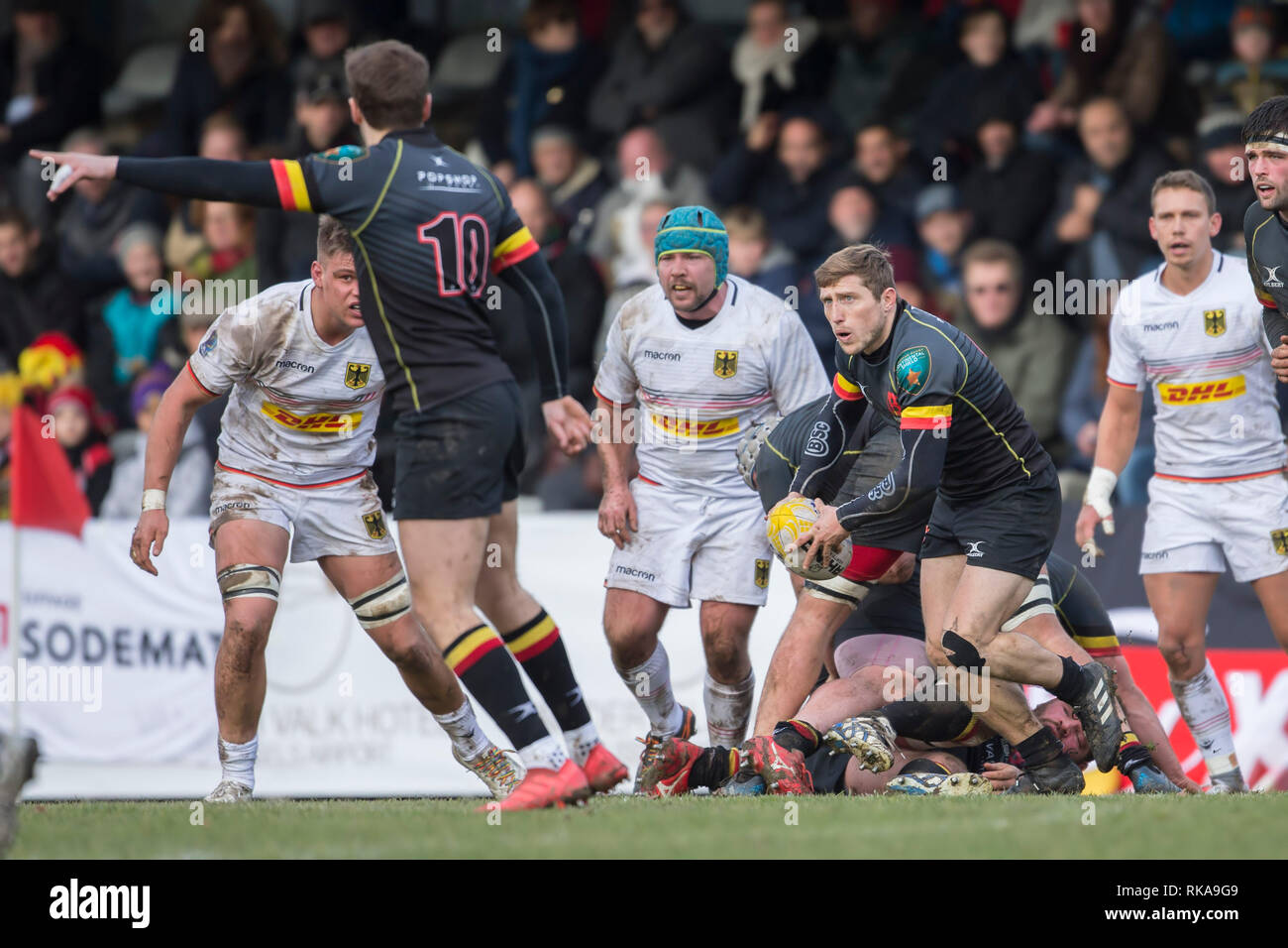 Bruessel, Belgium. 09th Feb, 2019. Rugby: EM, Division 1A, Matchday 1: Belgium-Germany. Vincent Hart (Belgium, 10) shows Julien Berger (Belgium, 9) where to play. Credit: Jürgen Kessler/dpa/Alamy Live News Stock Photo