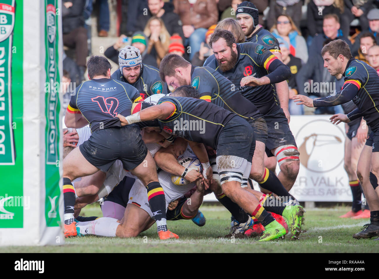 Bruessel, Belgium. 09th Feb, 2019. Rugby: EM, Division 1A, Matchday 1: Belgium-Germany. Toby Williams (Germany, 1) succeeds in the first attempt for Germany against a Belgian supremacy. Credit: Jürgen Kessler/dpa/Alamy Live News Stock Photo