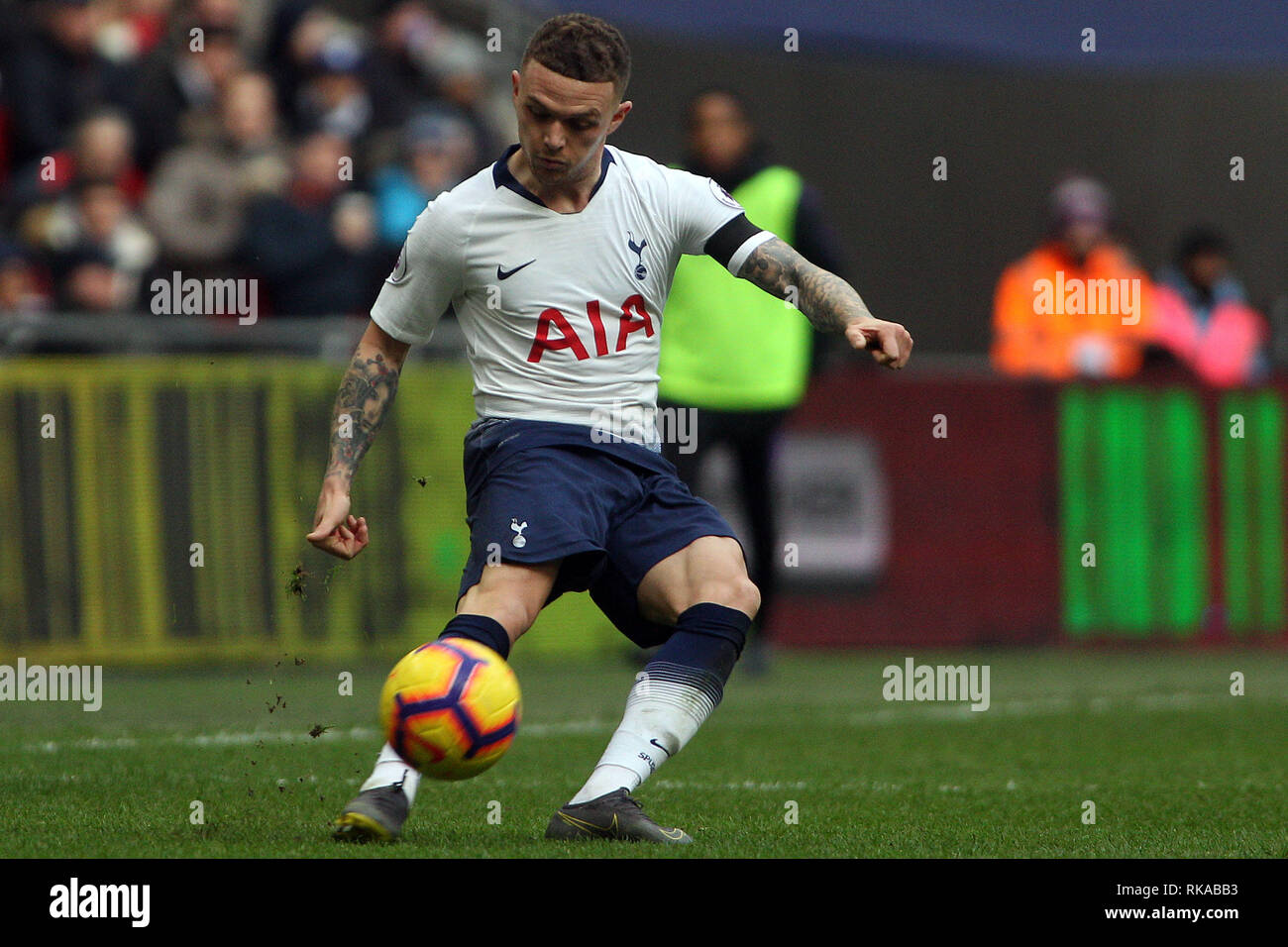 London, UK. 10th Feb 2019. Kieran Trippier of Tottenham Hotspur in action. EPL Premier League match, Tottenham Hotspur v Leicester City at Wembley Stadium in London on Sunday 10th February 2019.  this image may only be used for Editorial purposes. Editorial use only, license required for commercial use. No use in betting, games or a single club/league/player publications . pic by Steffan Bowen/ Credit: Andrew Orchard sports photography/Alamy Live News Stock Photo