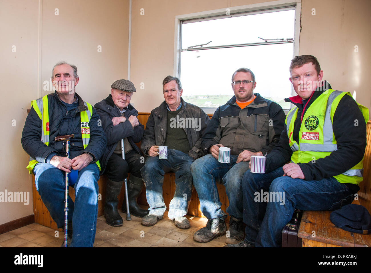 Timogeague, Cork, Ireland. 10th Feb, 2019. Michael Crowley, John Sexton, Michael Walsh, Leslie Wolfe and Thomas Lynch all from Timoleague sit and discuss life events at the West Cork Ploughing Association match that was held in Timoleague, Co. Cork, Ireland Credit: David Creedon/Alamy Live News Stock Photo