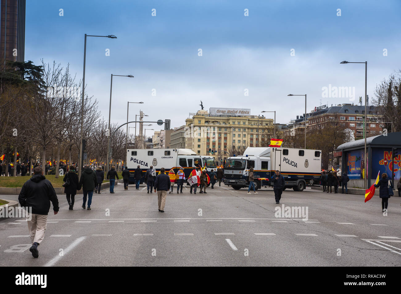 Madrid, Spain. 10th Feb 2019. Thousands of people have demonstrated in Madrid against the politics of the nation president Pedro Sanchez. The demonstration was convened by the main opposition parties. In the picture two police truck to prevent incidents. Credit: F. J. Carneros/Alamy Live News Stock Photo