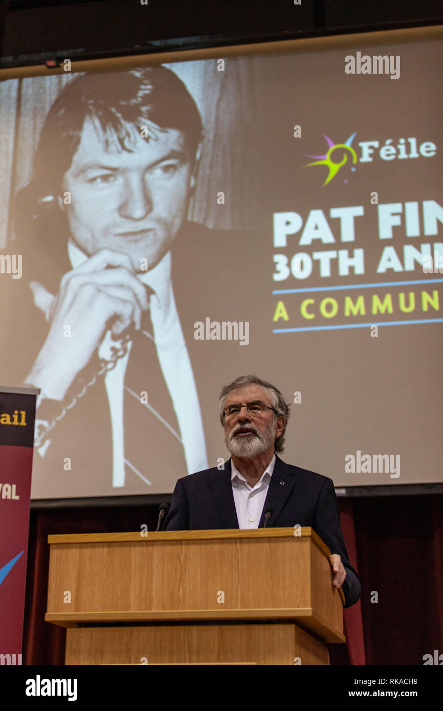 St Marys College ,Falls Road, Belfast, Northern Ireland, UK. 10th February 2019. Gerry Adams Retired President of Sinn Fein Addressing a large crowd at “A Community Reflects" on the murder of Human Rights Lawyer Pat Finucane 30 years ago. The Family are still waiting for a Full Public enquiry in to the Solicitors Murder. Credit: Bonzo/Alamy Live News Stock Photo