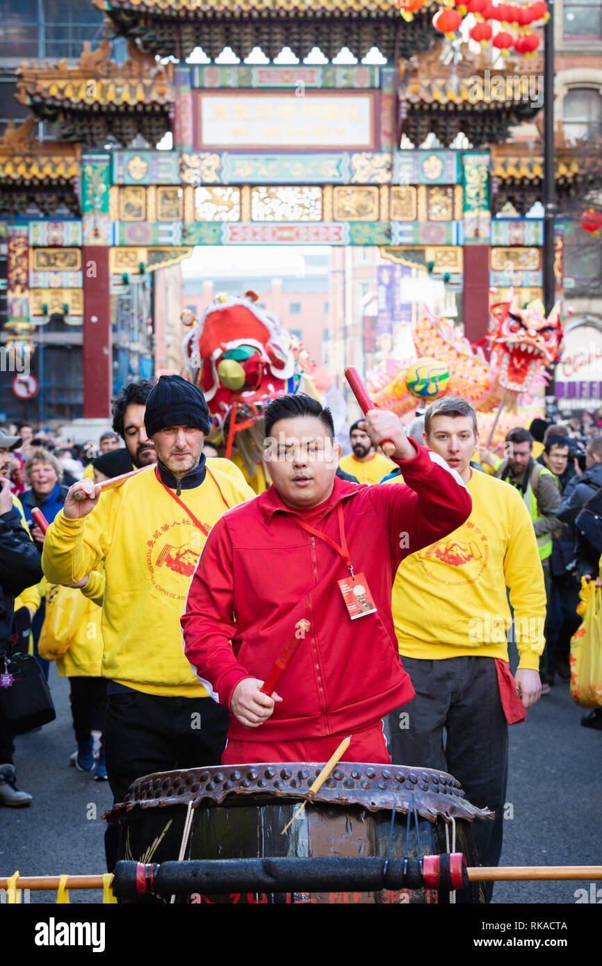 Manchester, UK. 10th Feb 2019. Thousands of spectators lined the streets during this year dragon parade which weaved through the streets of China Town to celebrate the year of the pig. Credit: Andy Barton/Alamy Live News Stock Photo