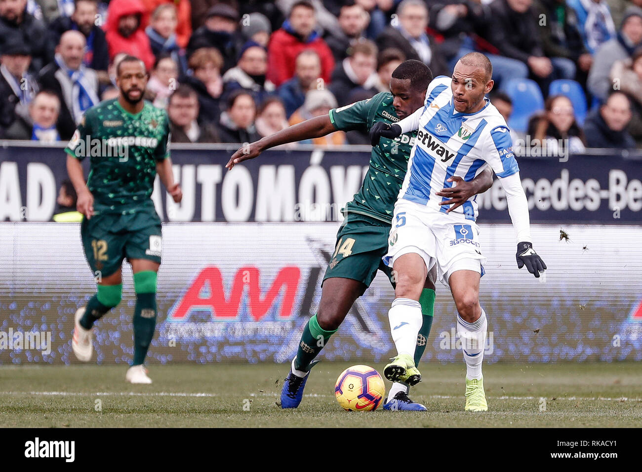 Estadio Municipal de Butarque, Leganes, Spain. 10th Feb, 2019. La Liga football, Leganes versus Real Betis; Jonathan Silva (CD Leganes) challenges for control of the ball with William Carvalho (Betis) Credit: Action Plus Sports/Alamy Live News Stock Photo