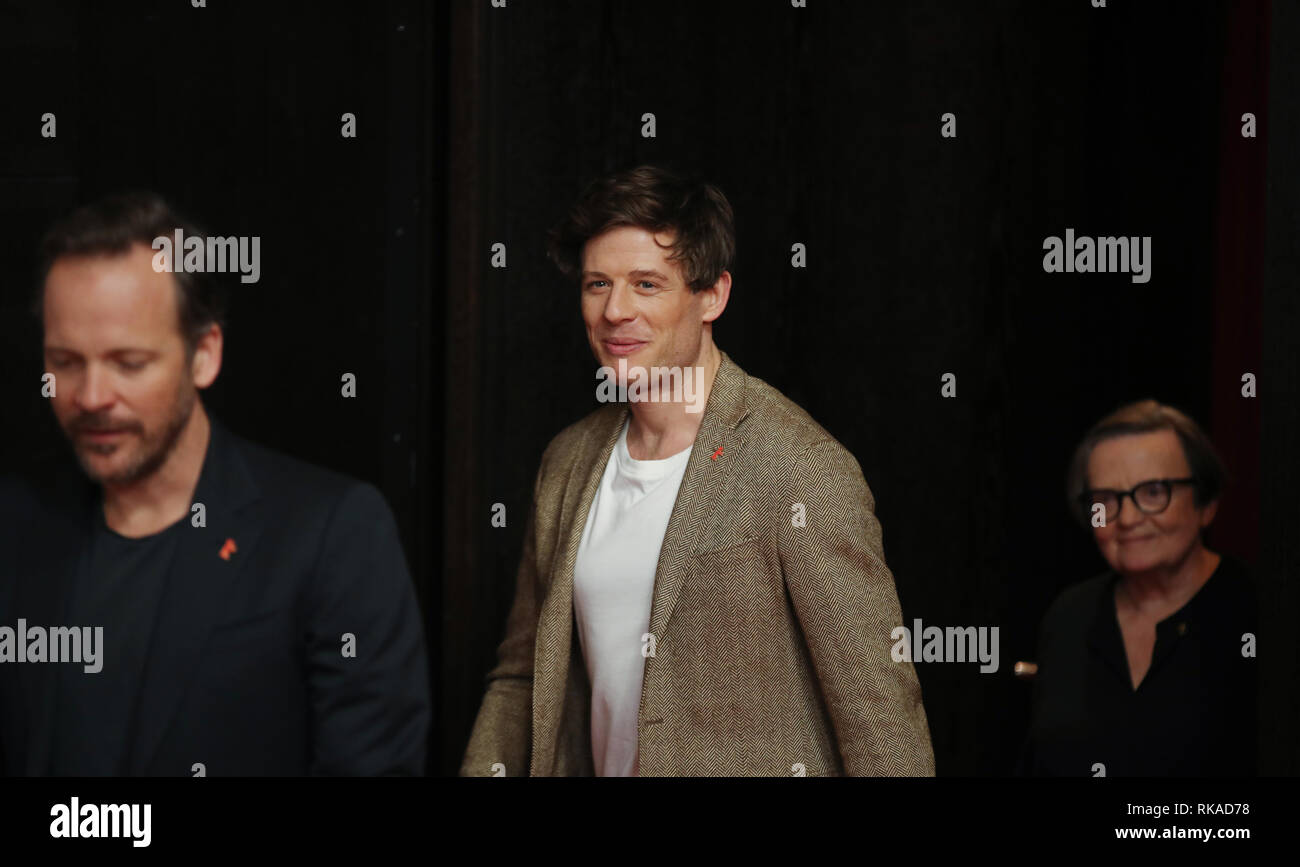 Berlin, Germany. 10th Feb, 2019. 69th Berlinale: The actors Peter Sarsgaard (l), James Norton, actor, and Agnieszka Holland come to the photocall of the film 'Mr. Jones'. The co-production Poland, Ukraine, Great Britain will be shown at the International Film Festival in the category 'Competition'. Credit: Christoph Soeder/dpa/Alamy Live News Stock Photo