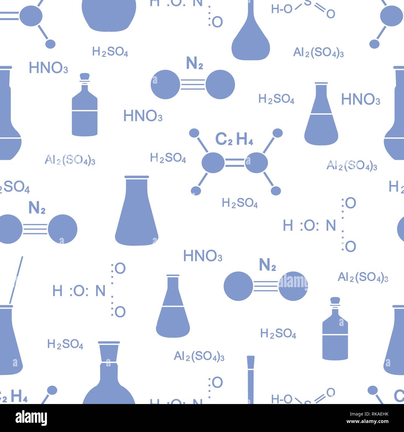 Scientific vector seamless pattern with flasks, beakers, molecule ...