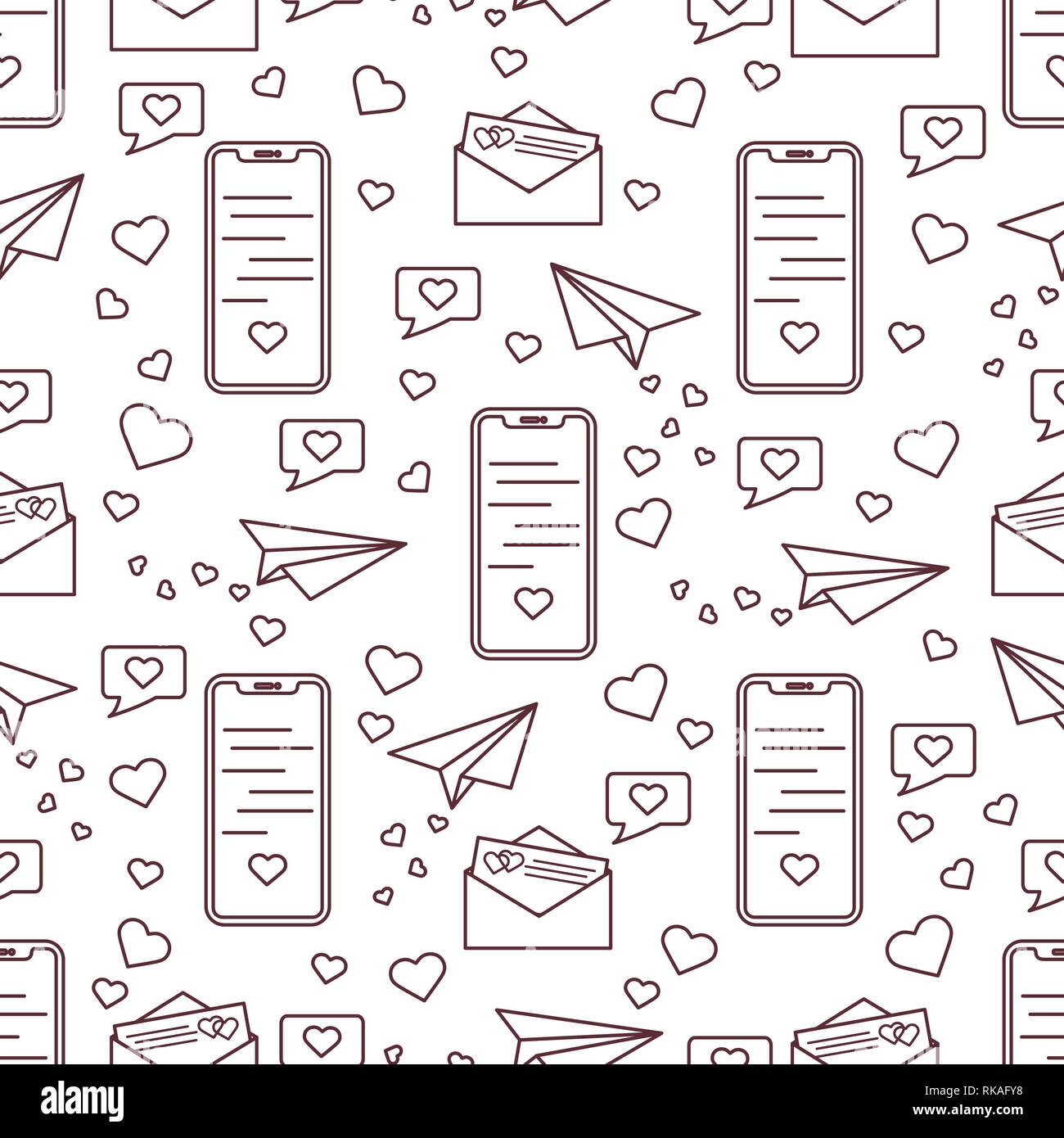 Seamless pattern with paper airplane, envelope, smartphone, sms, hearts ...