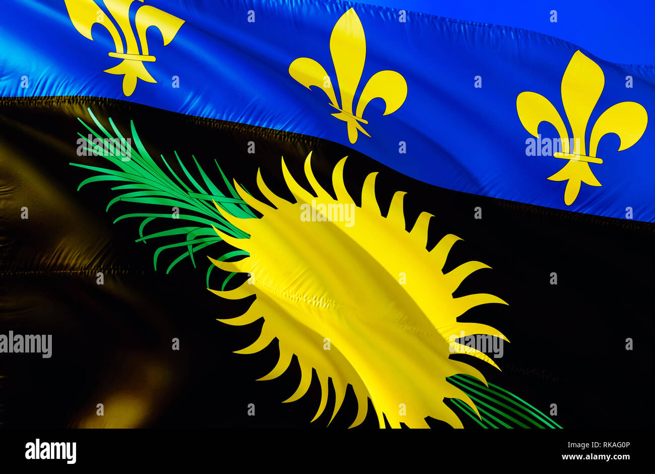 Guadeloupe flag. 3D Waving flag design. The national symbol of Guadeloupe,  3D rendering. National colors and National Caribbean flag of Guadeloupe for  Stock Photo - Alamy