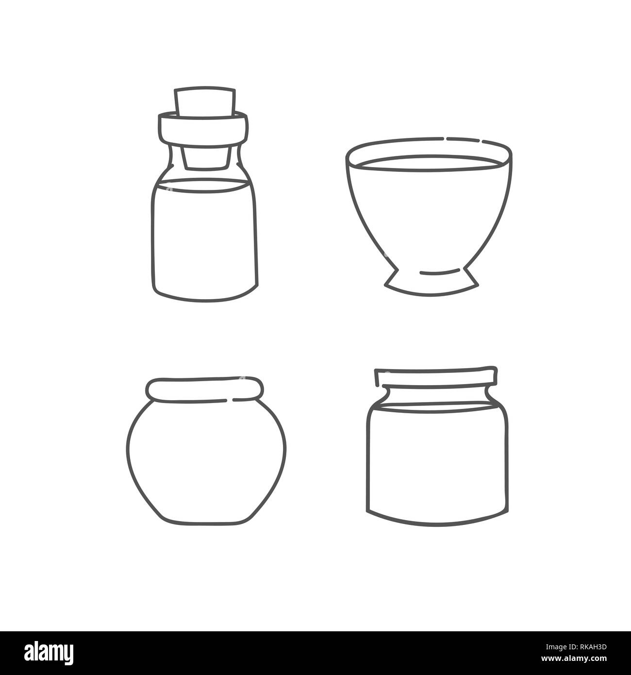 Glass bottle jar bowl and pot set of doodles outline linear icons collection of vintage containers for ingredients and food vector illustration isolat Stock Vector
