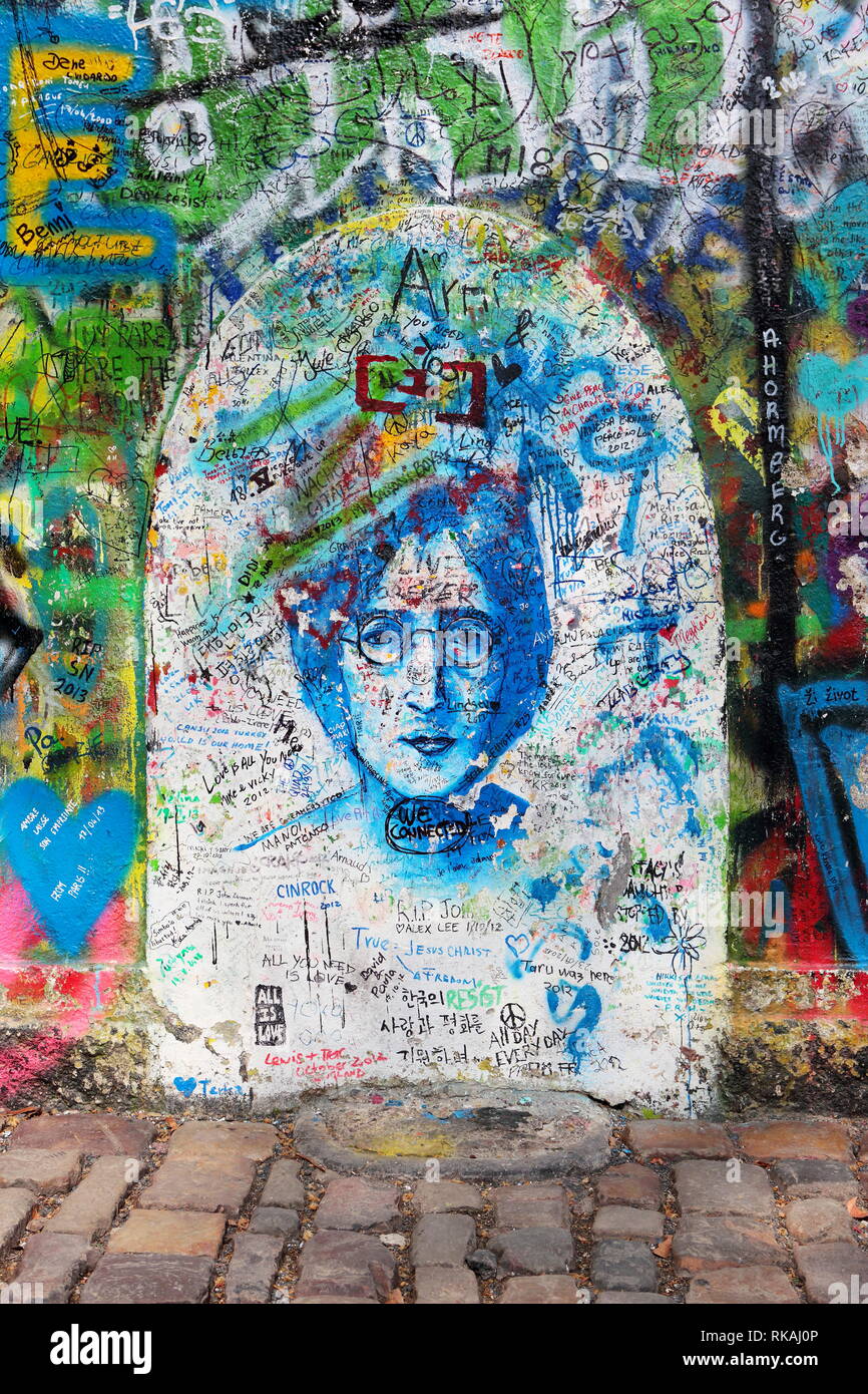 Prague, Czech Republic 12 December 2015. John Lennon graffiti wall. Editorial use only Stock