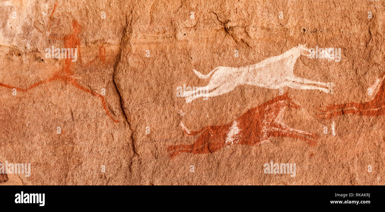 Prehistoric Petroglyphs - Rock Art - Akakus (Acacus) Mountains, Sahara, Libya Stock Photo