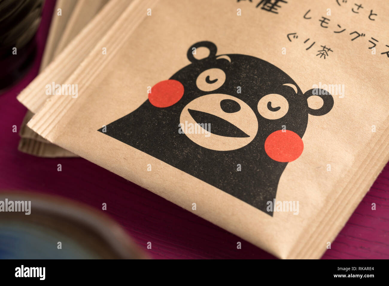 Kumamoto, Japan - January 28, 2019: Paper tea bags with the Kumamon bear, mascot of Kumamoto prefecture.The series of earthquakes that ravaged Kumamot Stock Photo