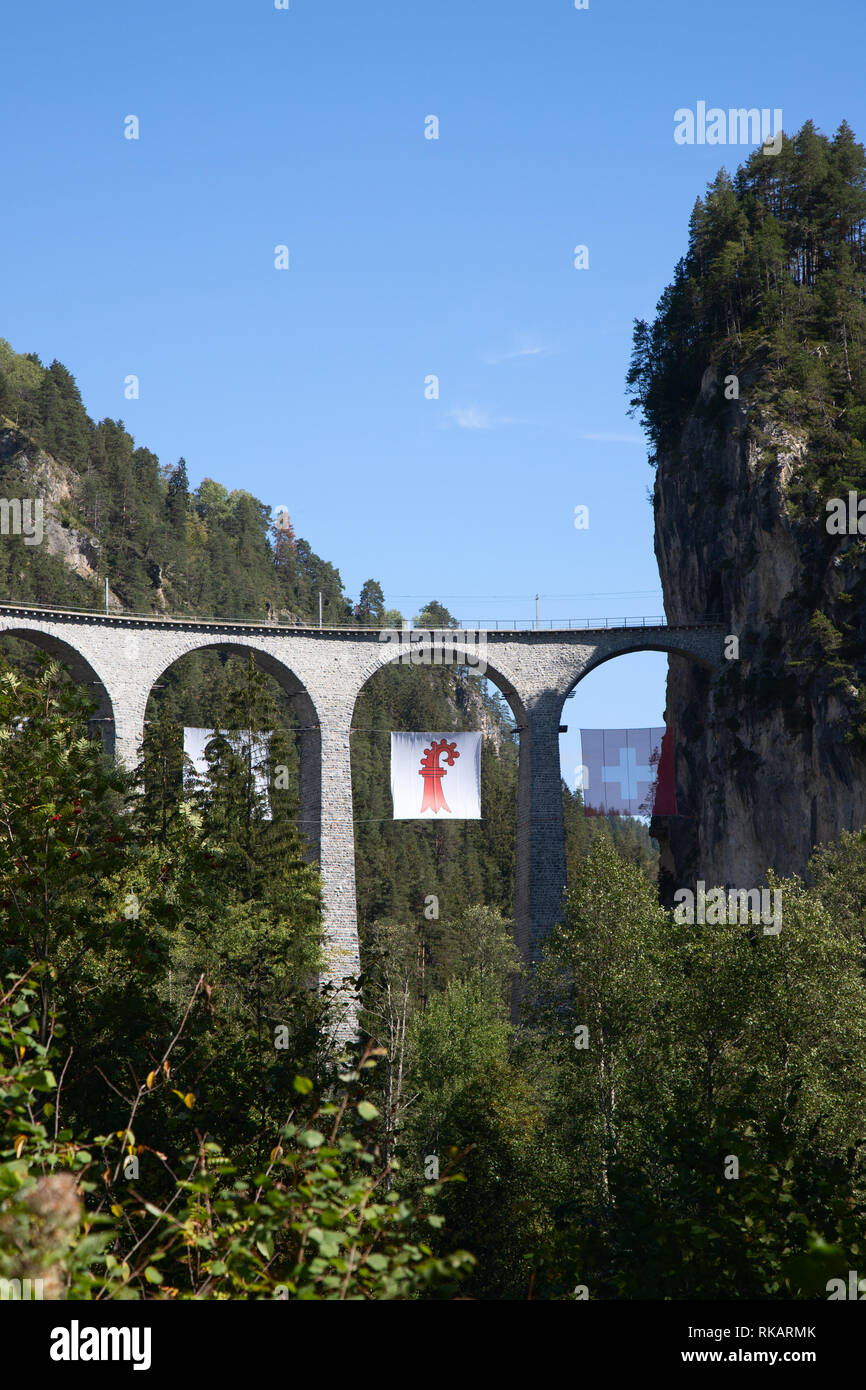 Famous Landwasser viaduct nearby Filisur town in the swiss alps Stock Photo