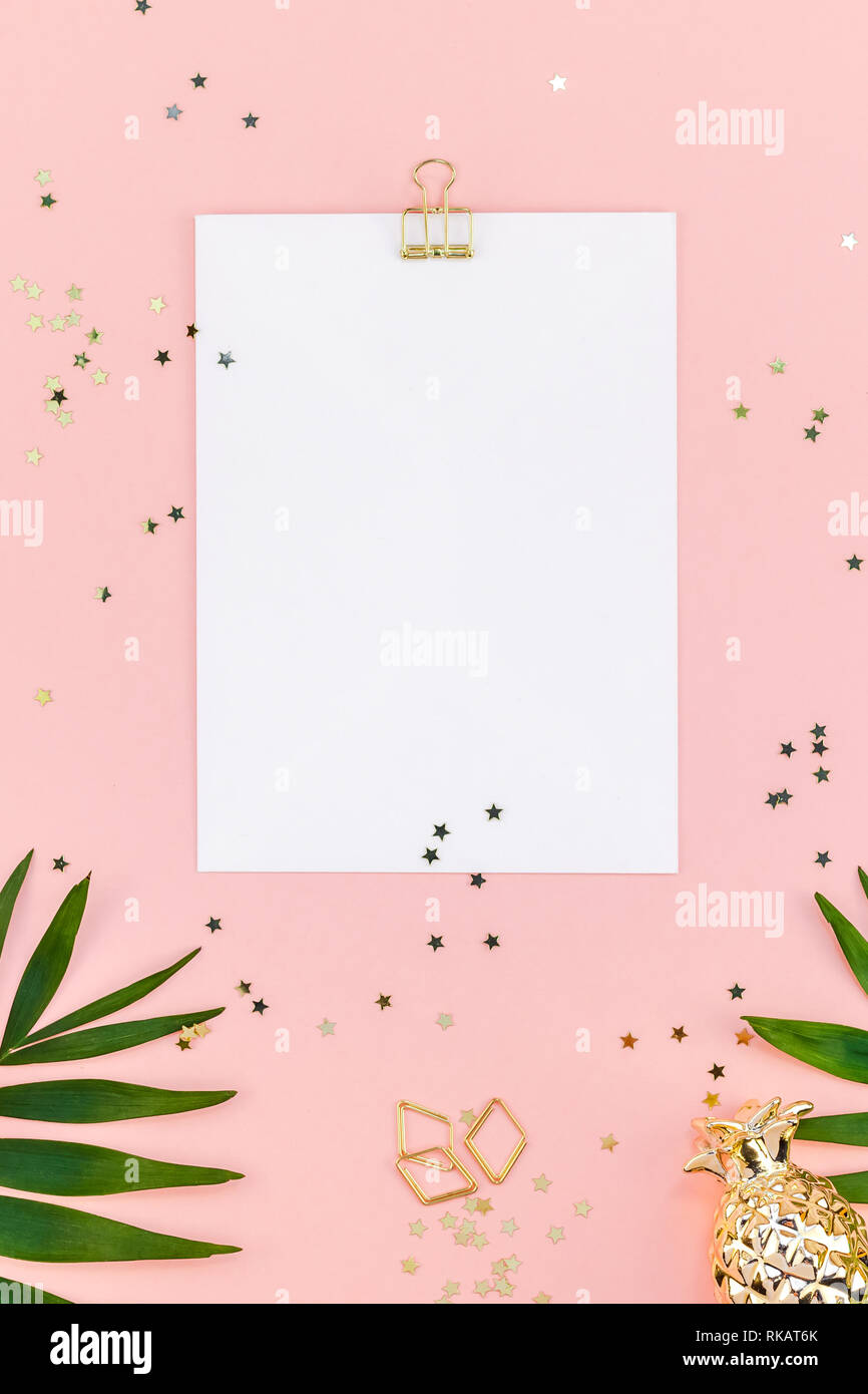 Creative flat lay top view mock up blank paper sheet postcard clip ...