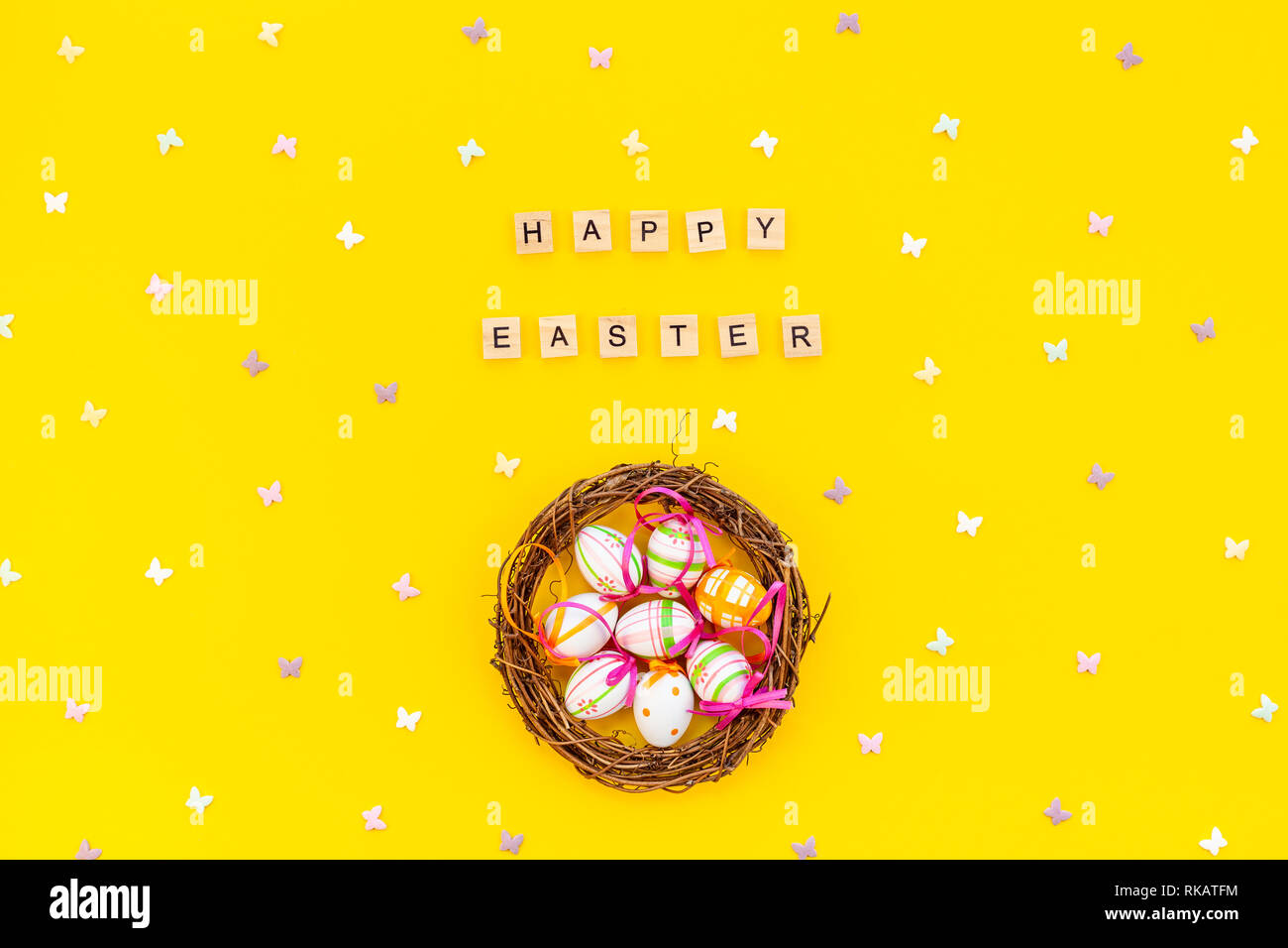 Creative Top view flat lay holiday composition Easter bunny ears eggs ...