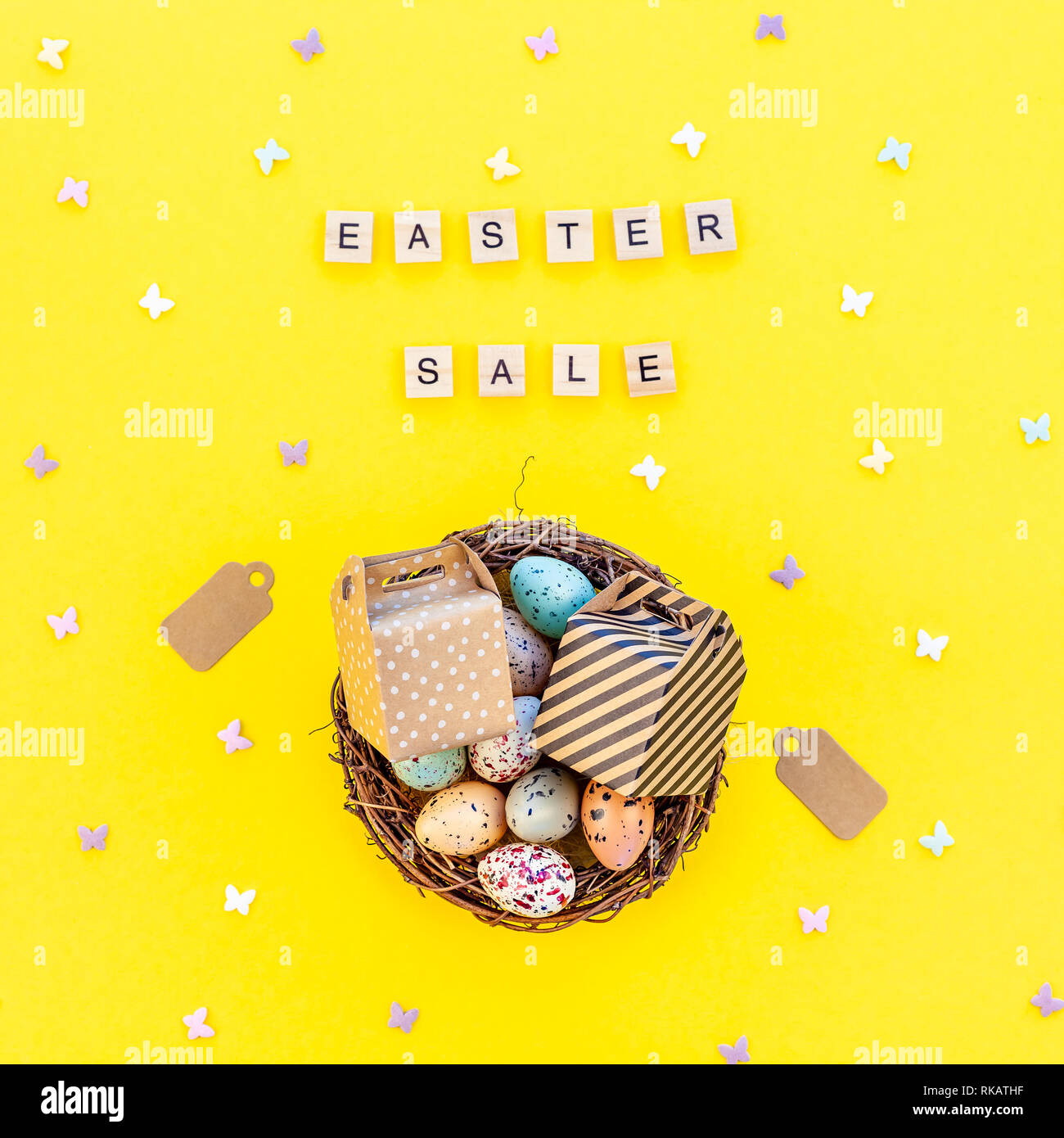 Creative Top view flat lay holiday promo composition Easter sale bunny ...