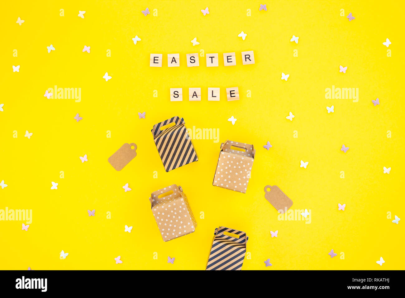 Creative Top view flat lay holiday promo composition Easter sale bunny ...