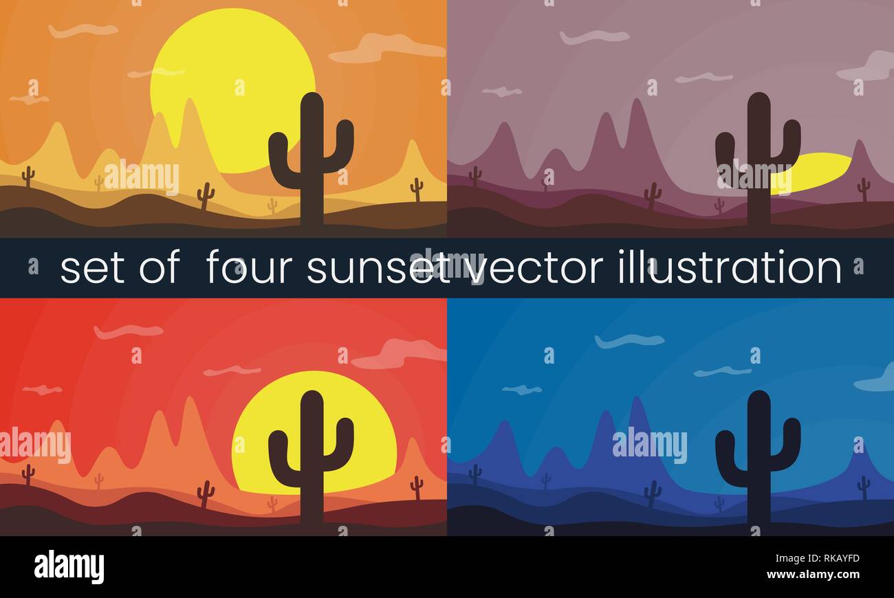 Four vector desert sunset illustration Stock Vector