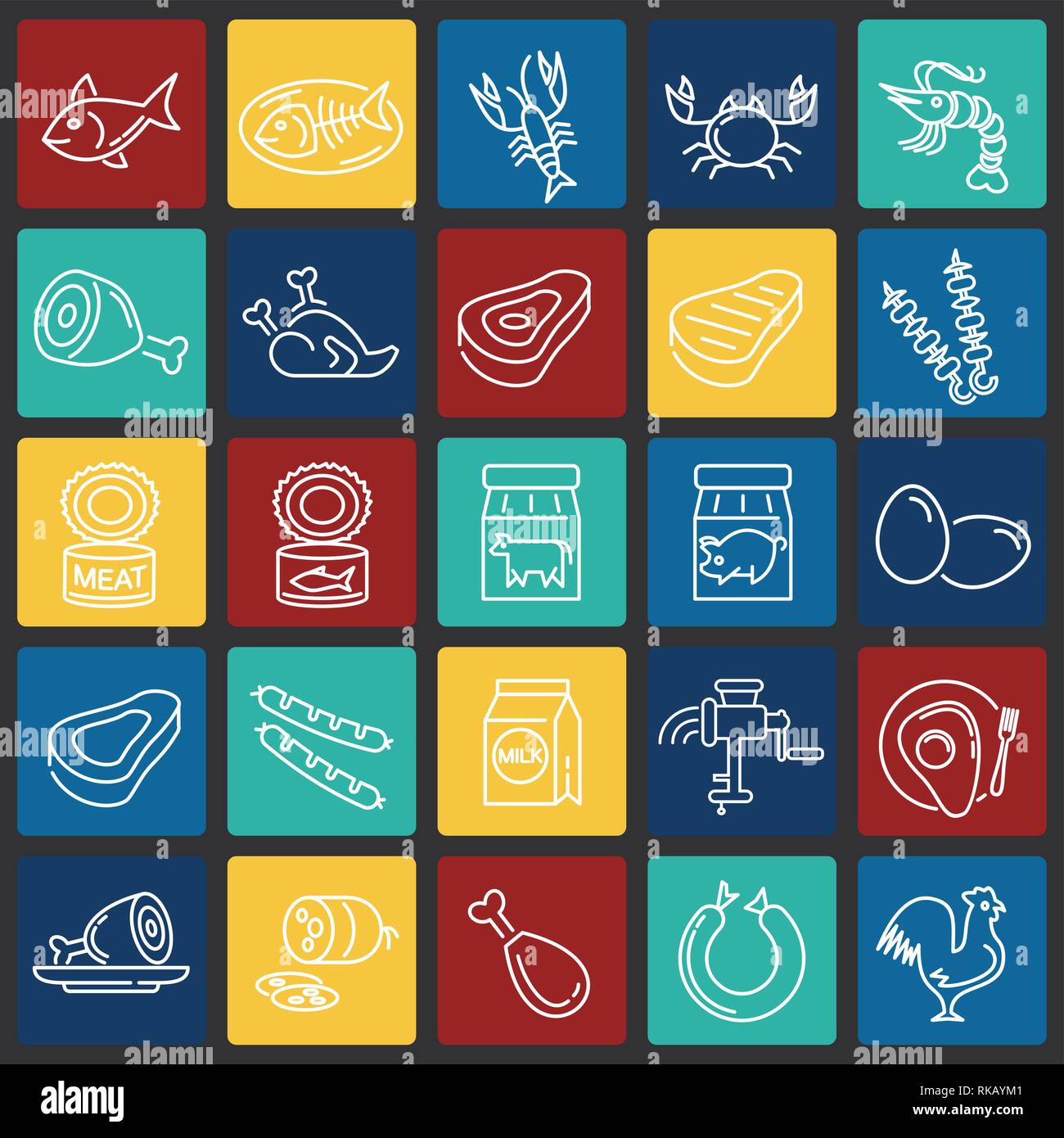 Meat and seafood icons set on color squares background for graphic and ...