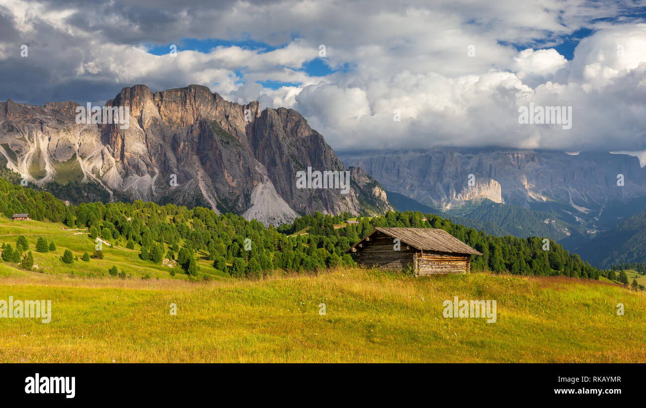 Sunlight on Seceda alpine meadows. Puez mountain peaks and Sella massif in background. The Gardena Dolomites. Ortisei. Italian Alps. Europe. Stock Photo
