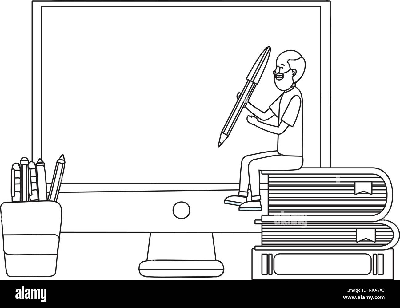 online education little man in front computer screen cartoon vector illustration graphic design Stock Vector