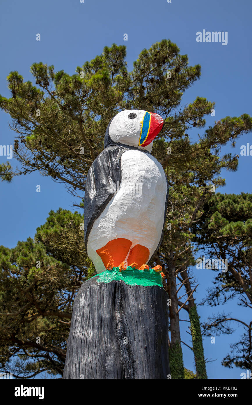 The Alderney Puffin, carved from a dead tree trunk and sited by Longis road. Stock Photo