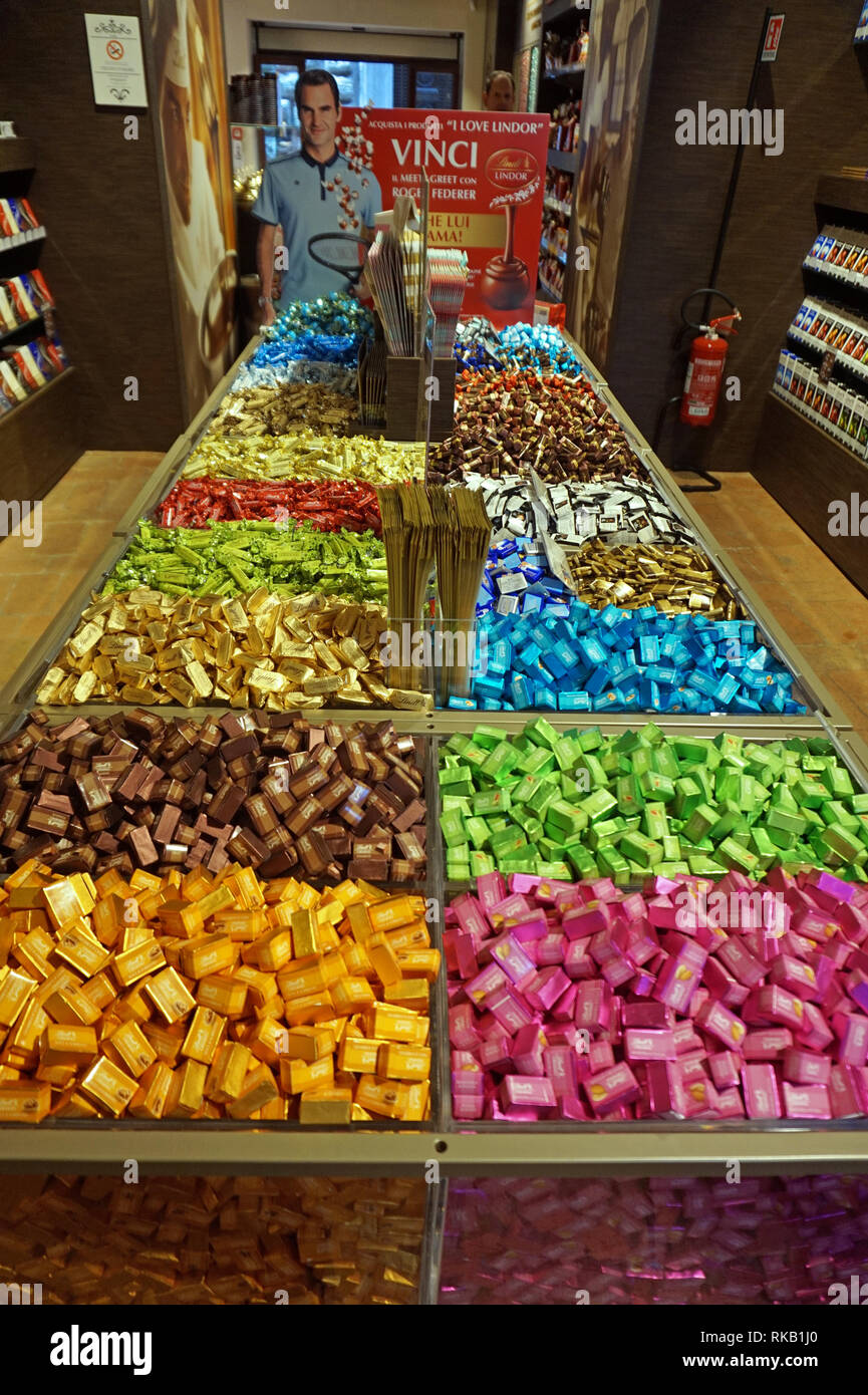 Colourful Selection of Lindt Chocolate in a shop in Sienna Stock Photo