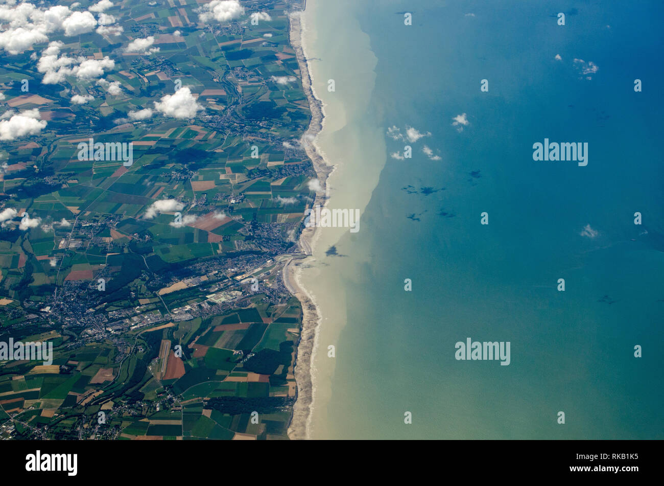 Aerial view of the Normandy coastline with the town of Le Treport in Seine Maritime towards the middle of the picture. Stock Photo