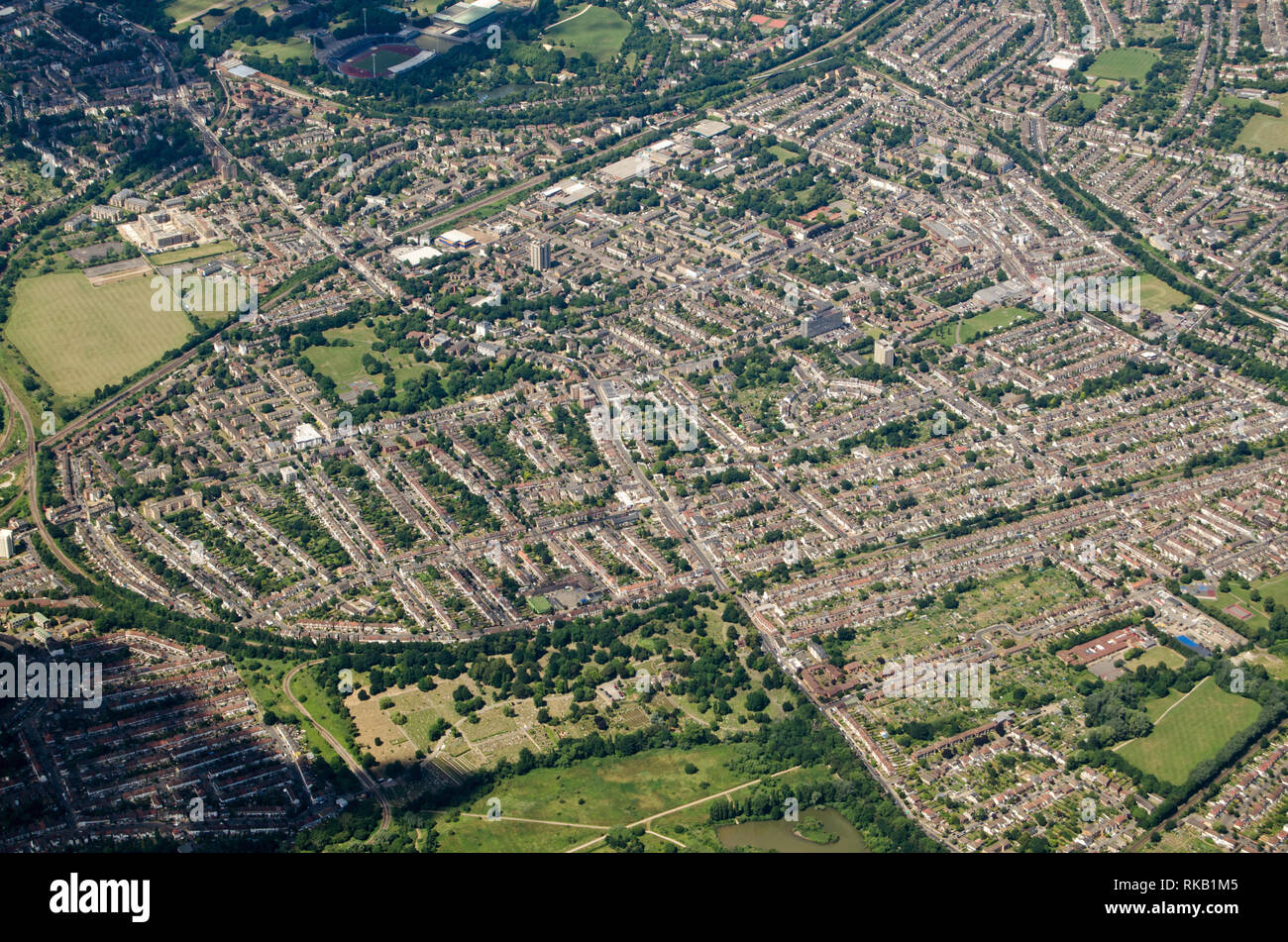 Aerial view of the South London districts of Anerley, Penge and Betts Park with South Norwood Country Park at the very bottom of the image. Stock Photo