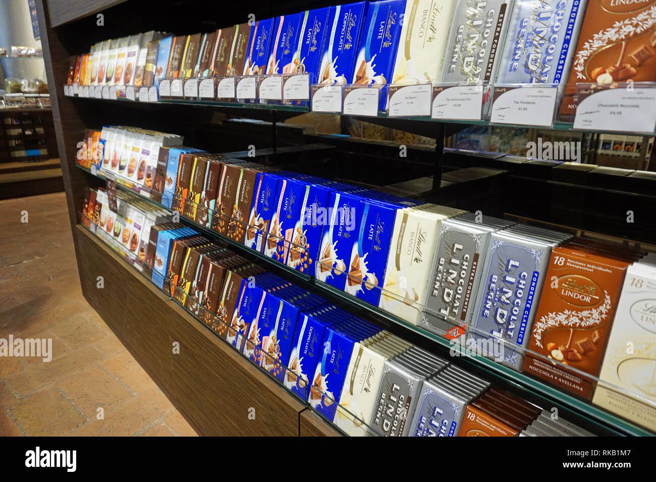 Colourful Selection of Lindt Chocolate in a shop in Sienna Stock Photo