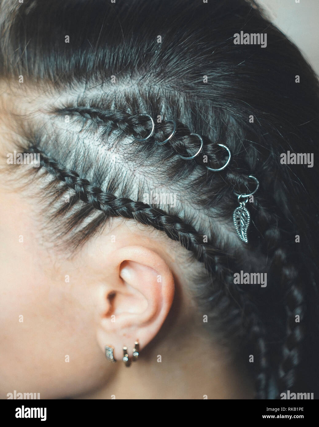 female mohawk pigtails cornrows womans braids Stock Photo