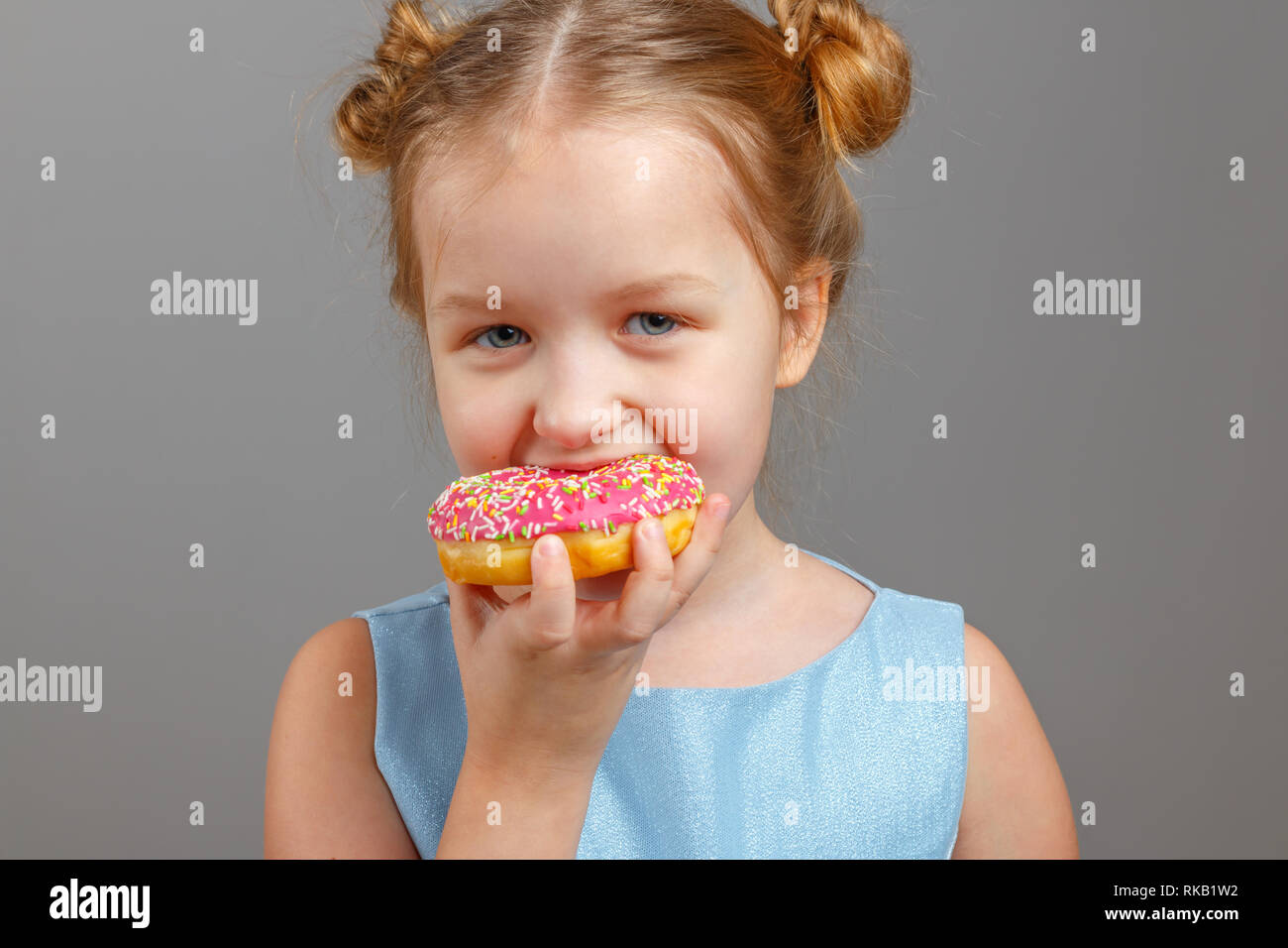 A cute little baby girl in a blue dress bites a delicious pink donut. Gray background, portrait, studio. Stock Photo