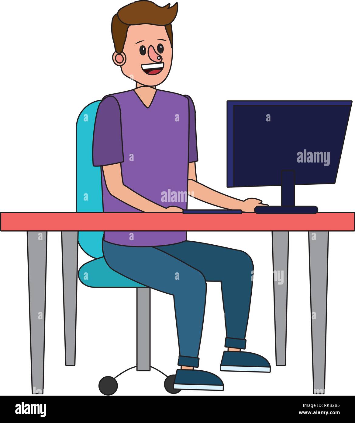man using technology device computer over desk vector illustration ...