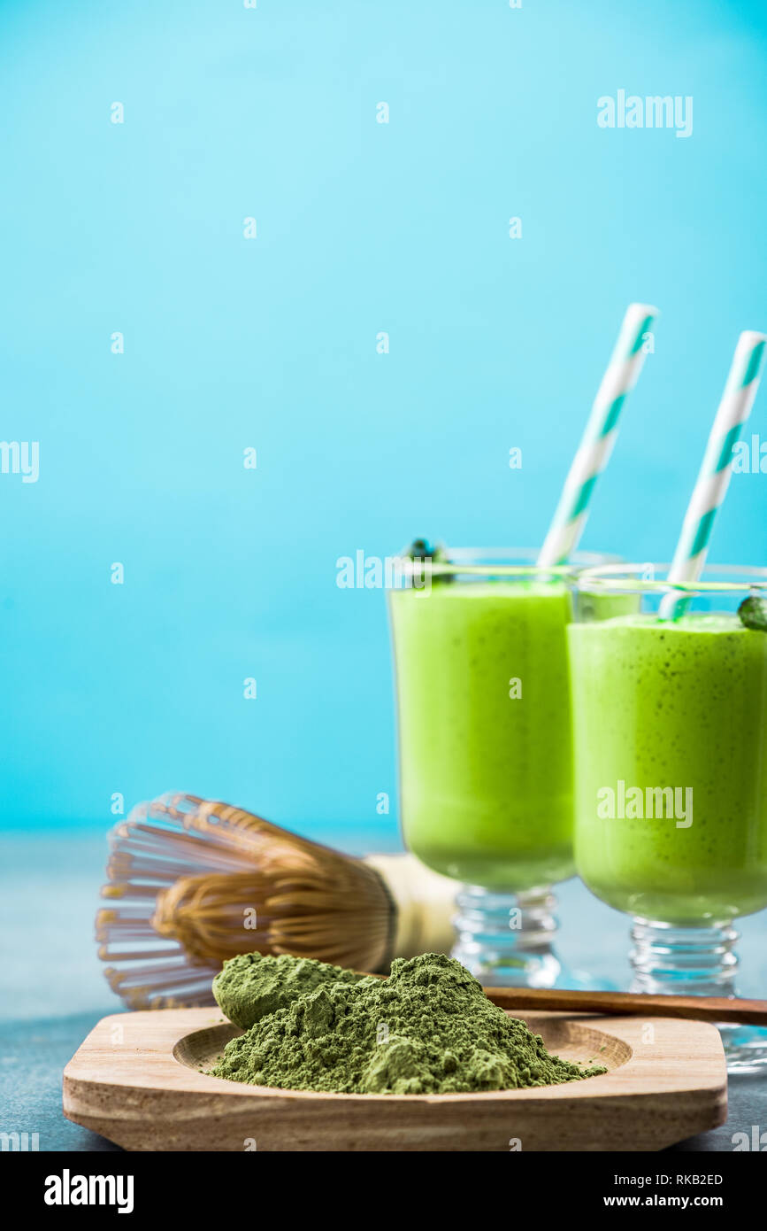 Serving Matcha green tea milk shake, alternative diet drink Stock Photo