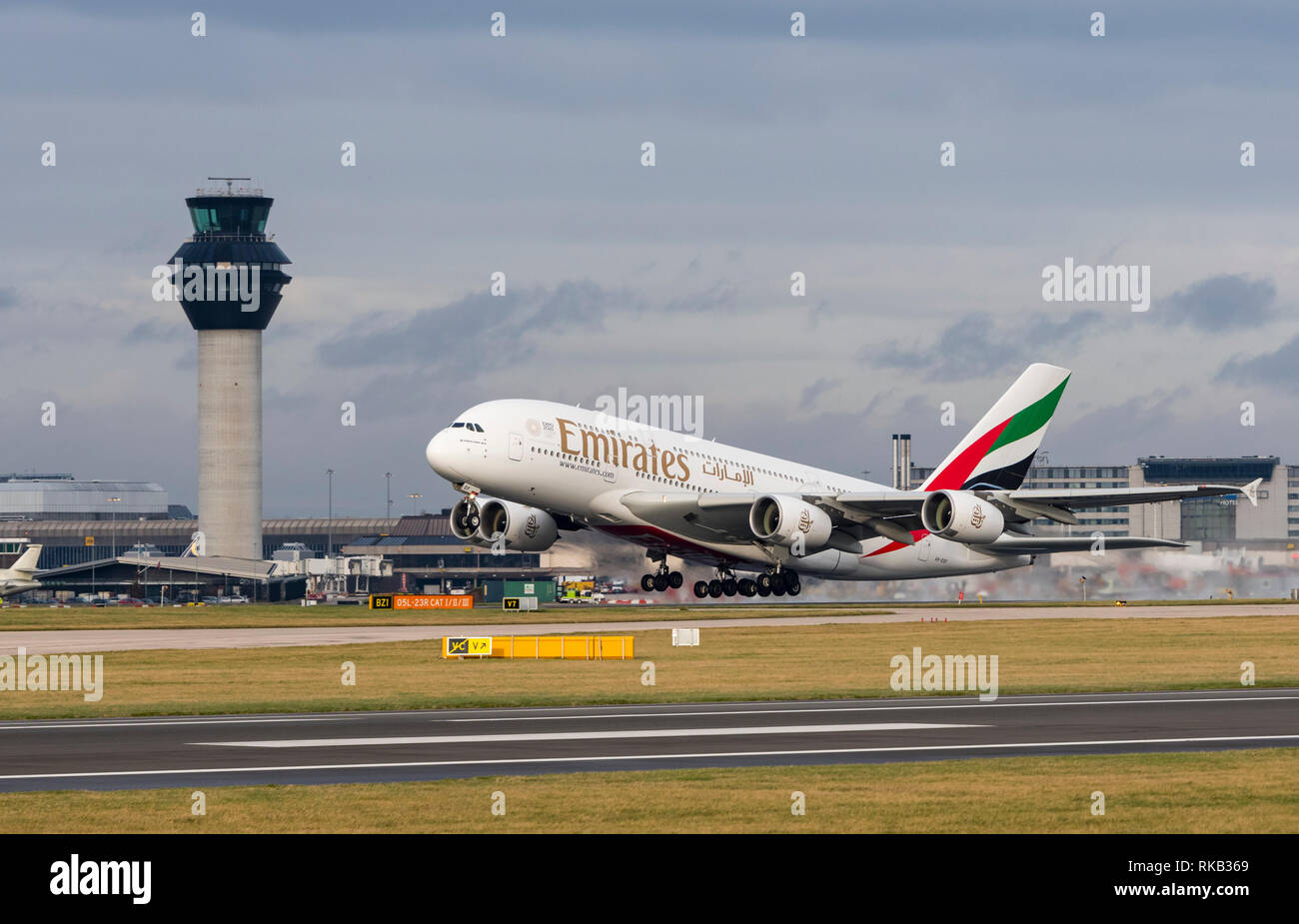 Emirates A380-800, A6-EDF take off at Manchester Airport Stock Photo