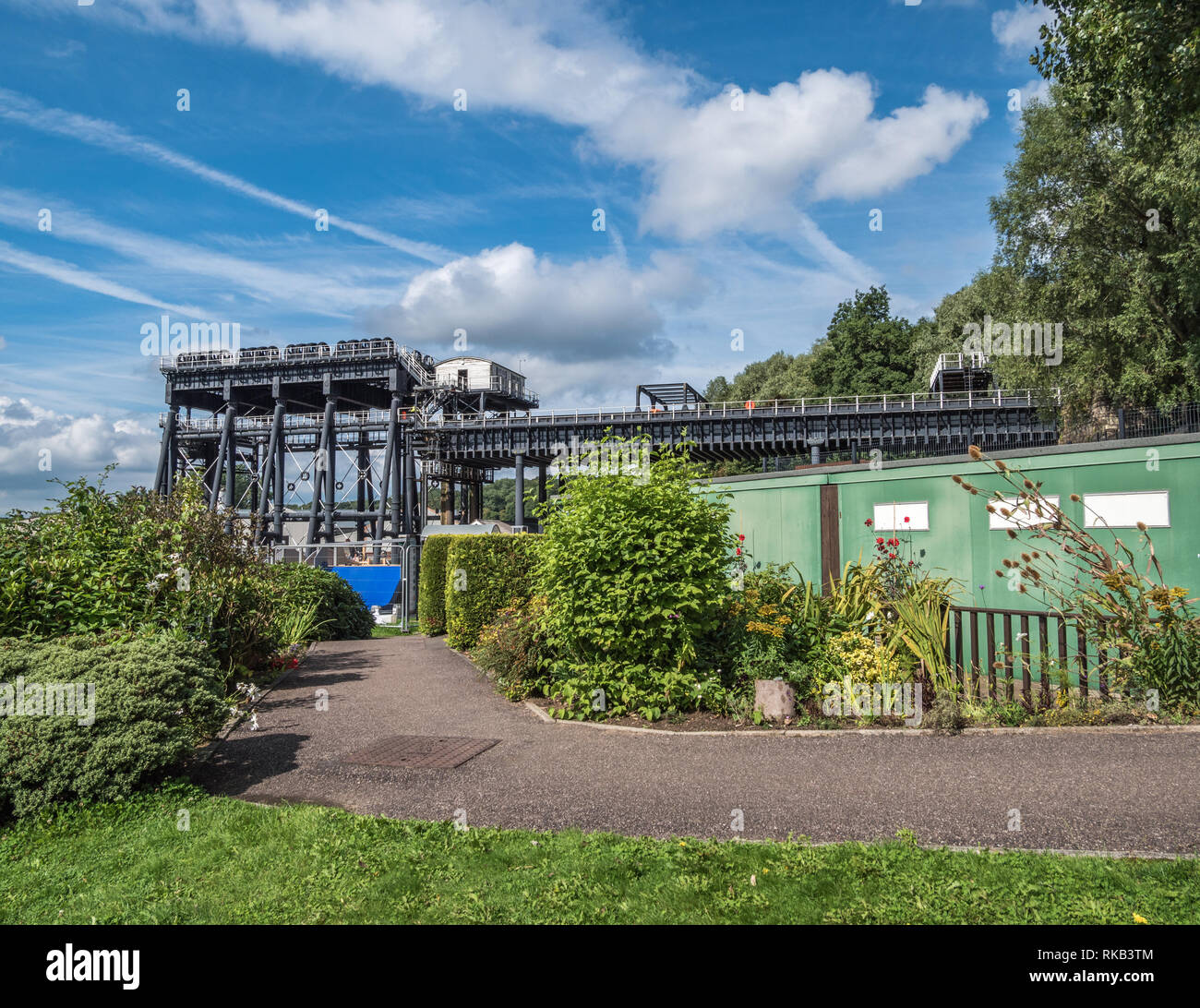 Anderton Boat Lift is a 2 caisson lift lock. Providing a 50-foot vertical link between 2 navigable waterways; River Weaver and Trent and Mersey Canal. Stock Photo
