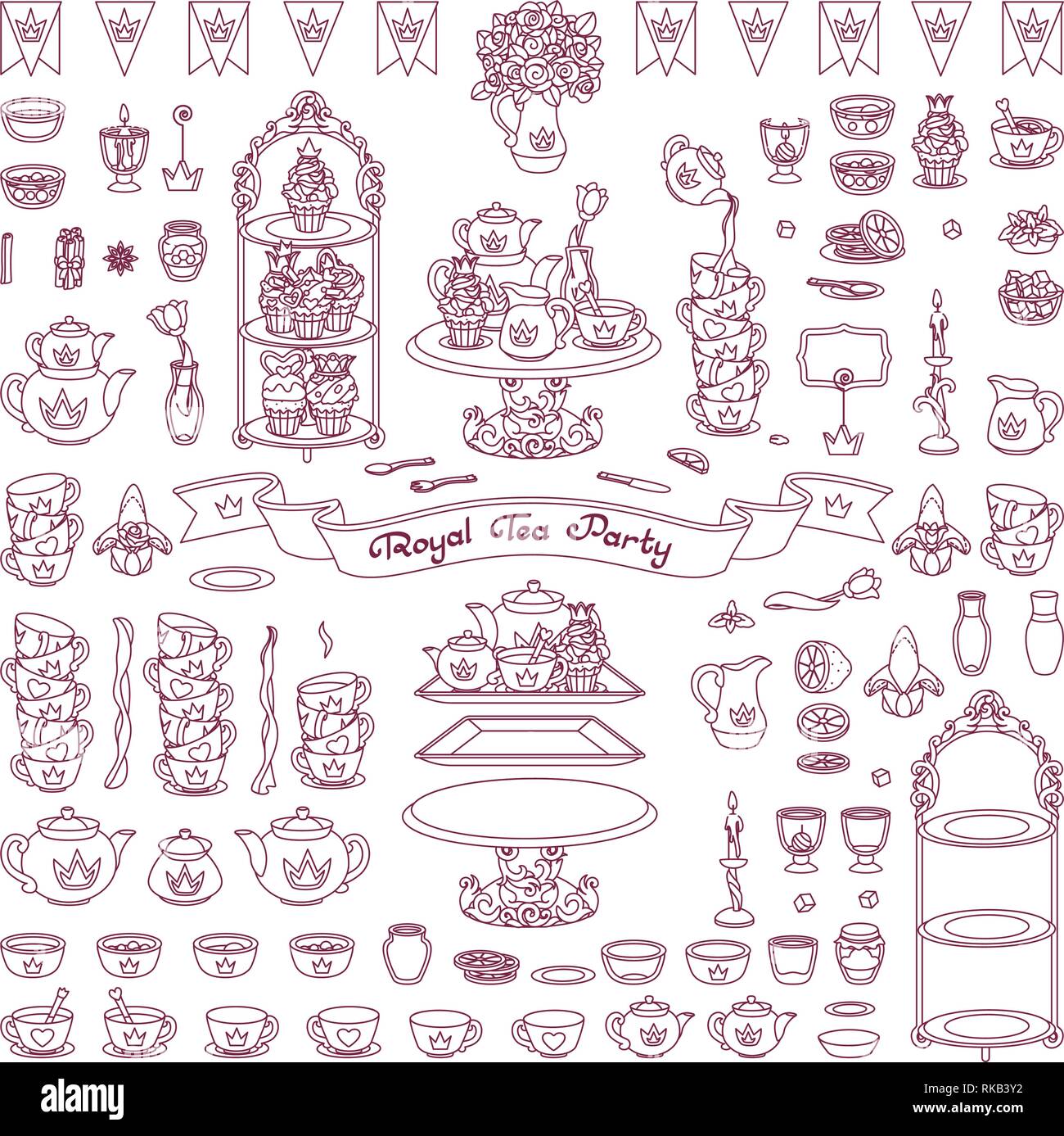 vector Royal dishes, tableware tea party concept Stock Vector