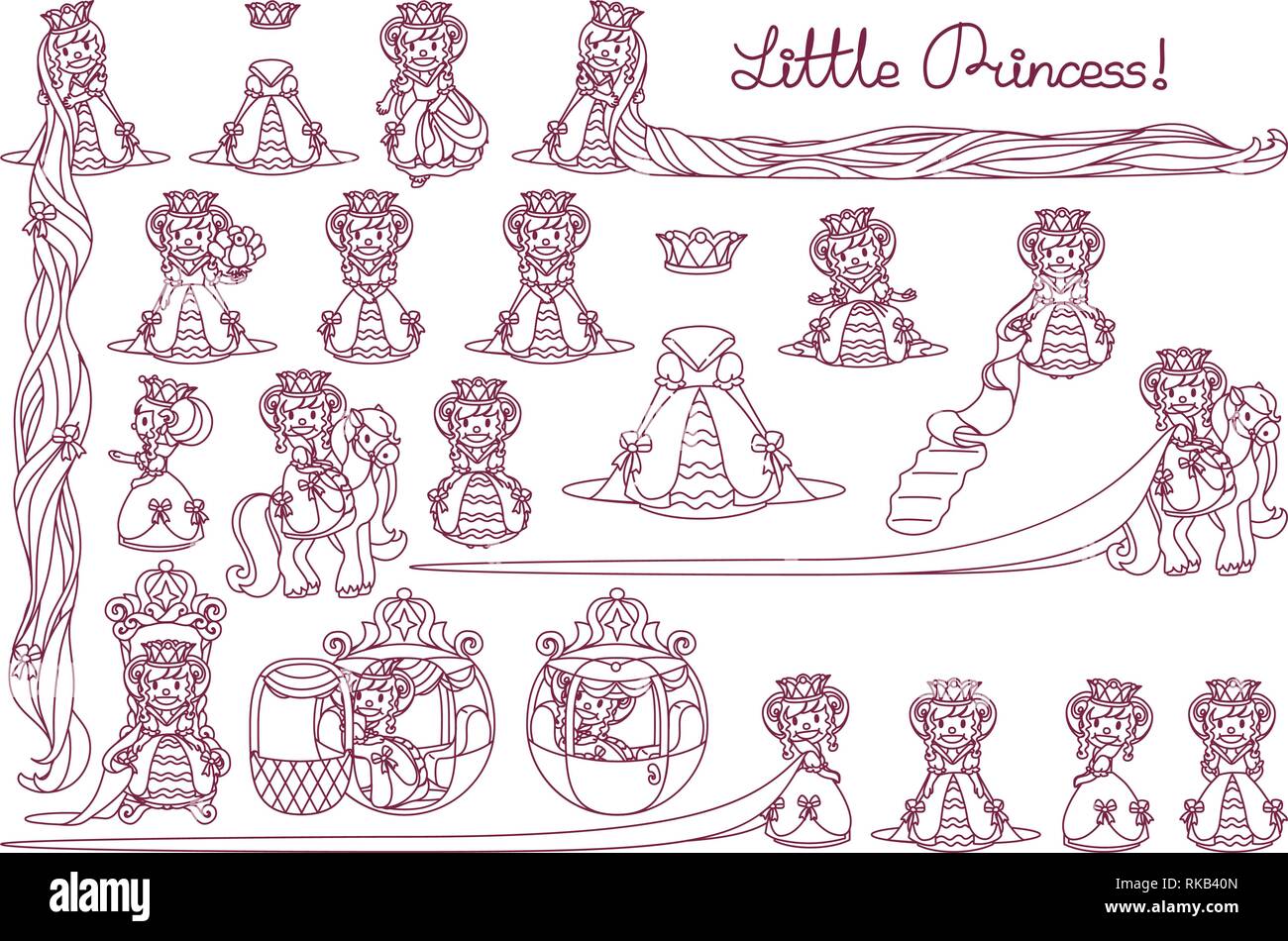 vector Little Princess set, line queen collection Stock Vector