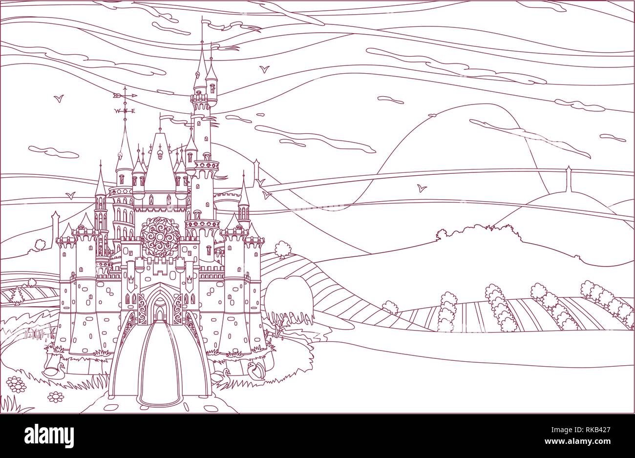 Vector Kingdom Castle Fortress Coloring Book Page Stock Vector Image Art Alamy