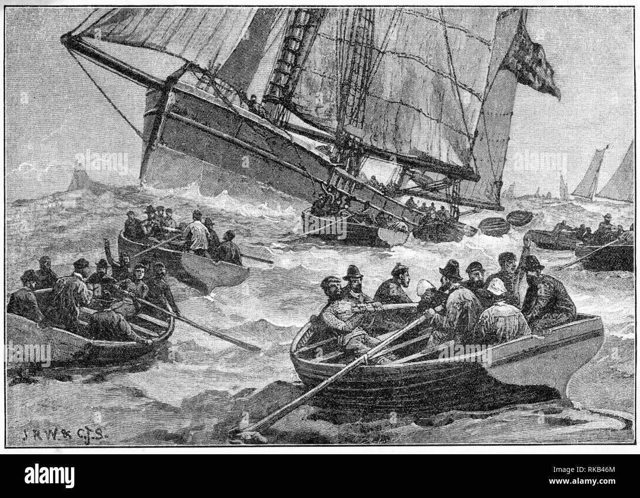 Halftone of people in longboats rowing out to ships in the North Sea Stock Photo
