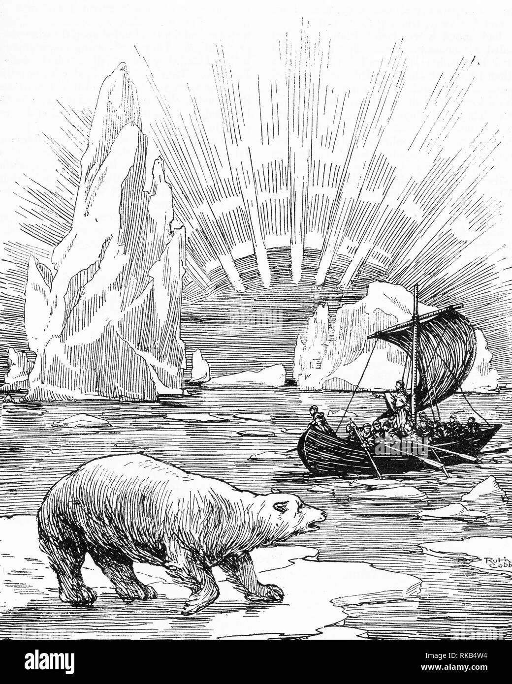 Engraving of vikings exploring the arctic. From Chatterbox magazine, 1925 Stock Photo