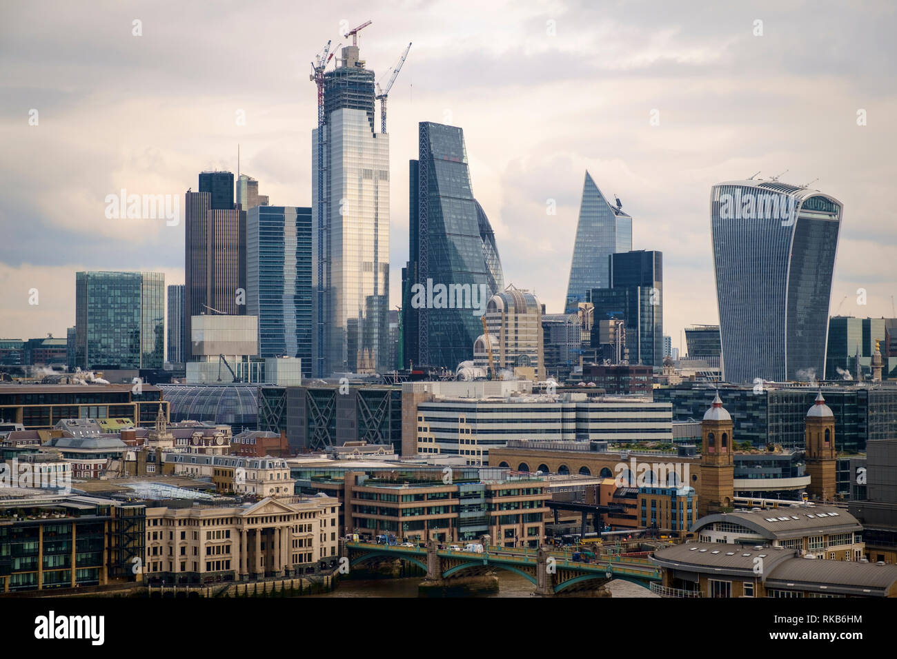 London skyline 2019, with The Walkie -Talkie building, The Cheesegrater and 22 Bishopsgate under construction. Stock Photo