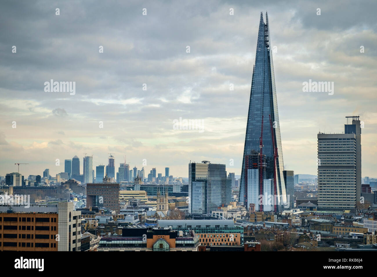 The Shard, with Canary Wharf in the background, London, United Kingdom 2019 Stock Photo
