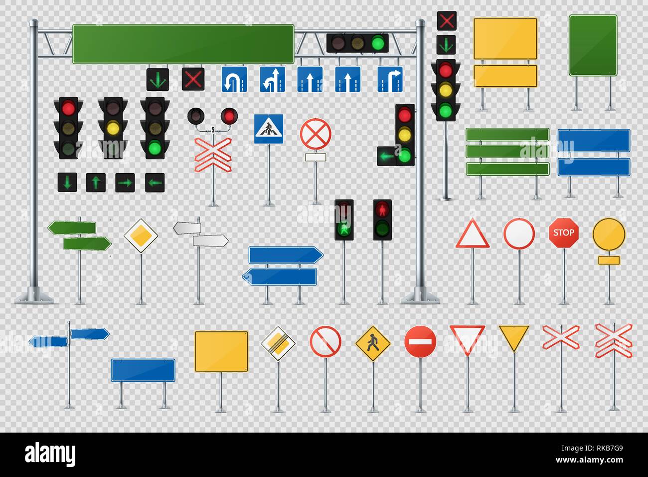 Big Realistic Set Of Road Signs And Traffic Lights And Semaphores Stock