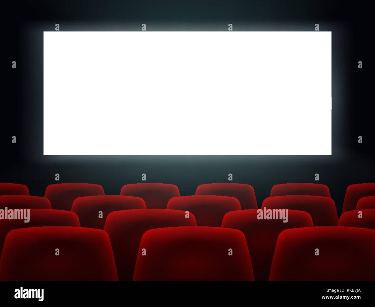 Cinema Hall With White Blank Screen And Red Rows Cinema Movie Theater Seats. Stock Vector
