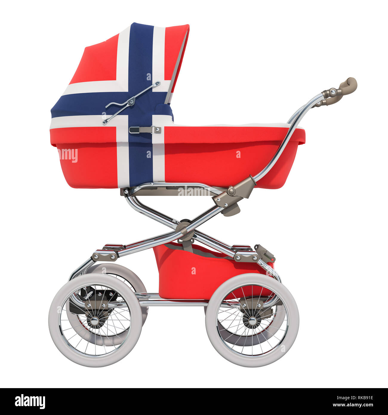 Baby stroller with Norwegian flag texture, 3D rendering isolated on white background Stock Photo