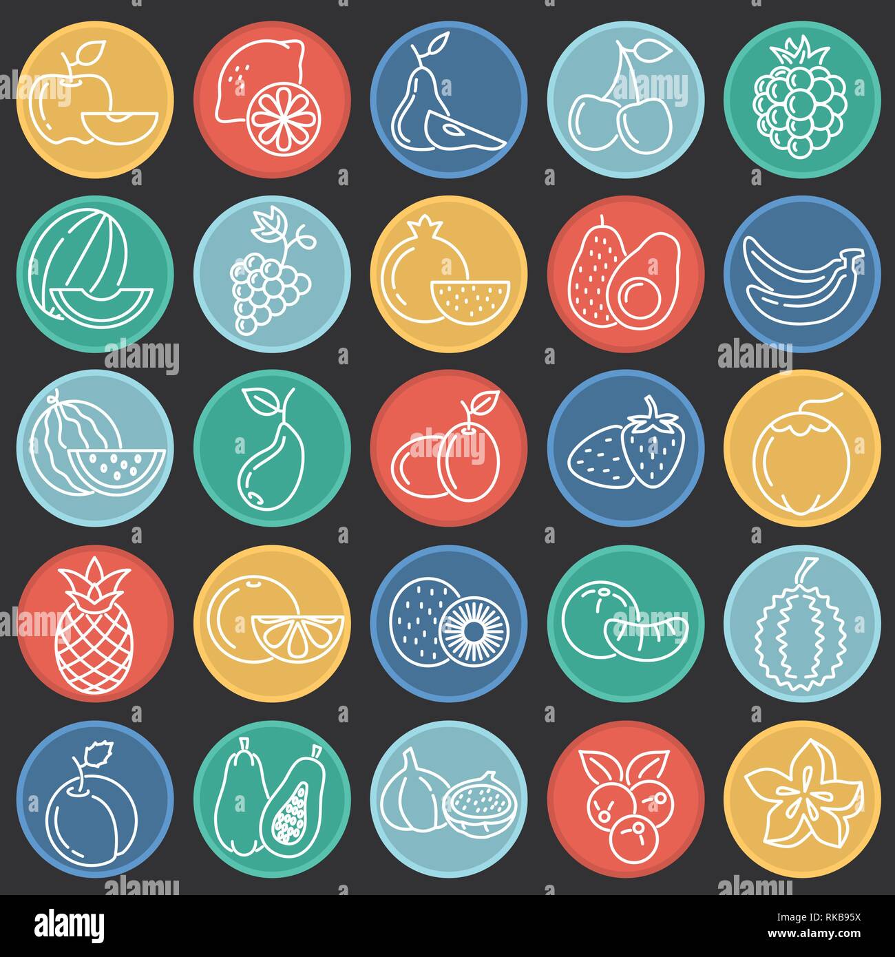 Fruit icons set on color circles black background for graphic and web ...